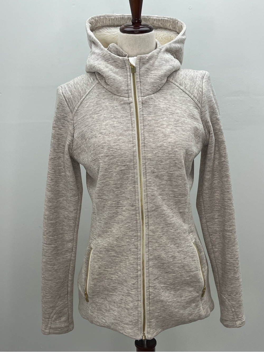 Athleta Women's Heather Gray Full Zip Sherpa Fleece Lined Hooded Jacket Medium